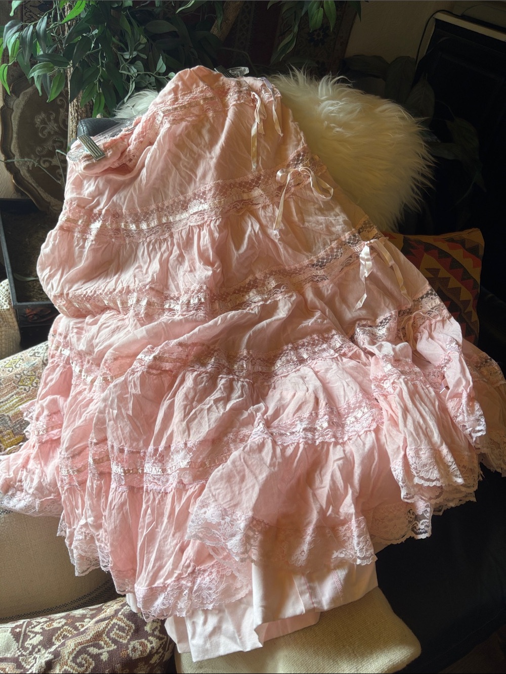 French Pink ruffled cotton shabby chic romantic prairie boho Maxi Skirt 33 LSF